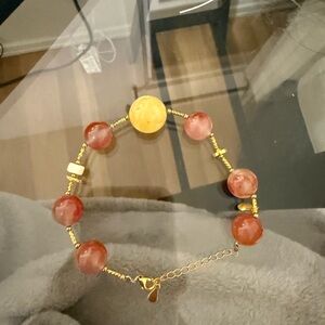 Handmade Amber, Red Agate & Clear Quartz Bracelet